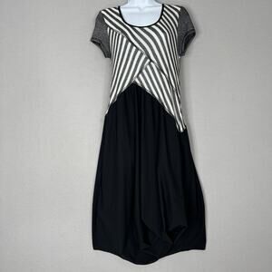 Deca Paris Womens Dress 3/US 10 Black Midi Striped Layered Lagenlook Artsy Funky